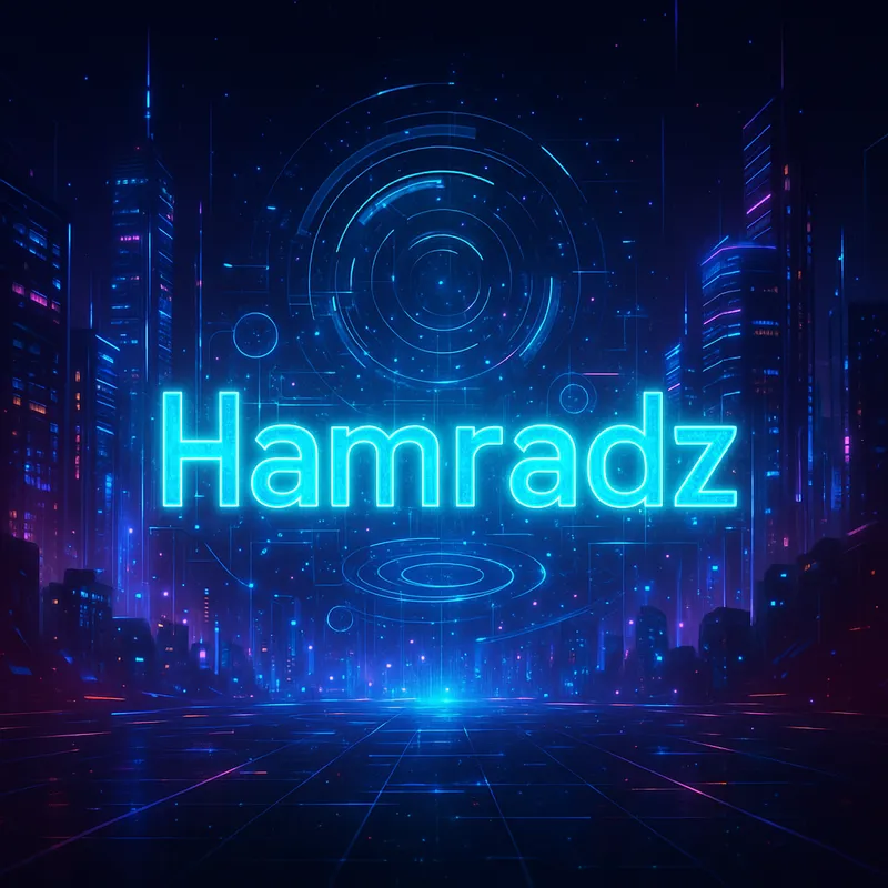 Futuristic Neon City: Hamradz - A futuristic landscape with neon lights and high-tech buildings. In the middle of the image, the name "Hamradz" is illuminated in bright, glowing letters, surrounded by holographic elements and digital effects. - AI image generated with GPT Image