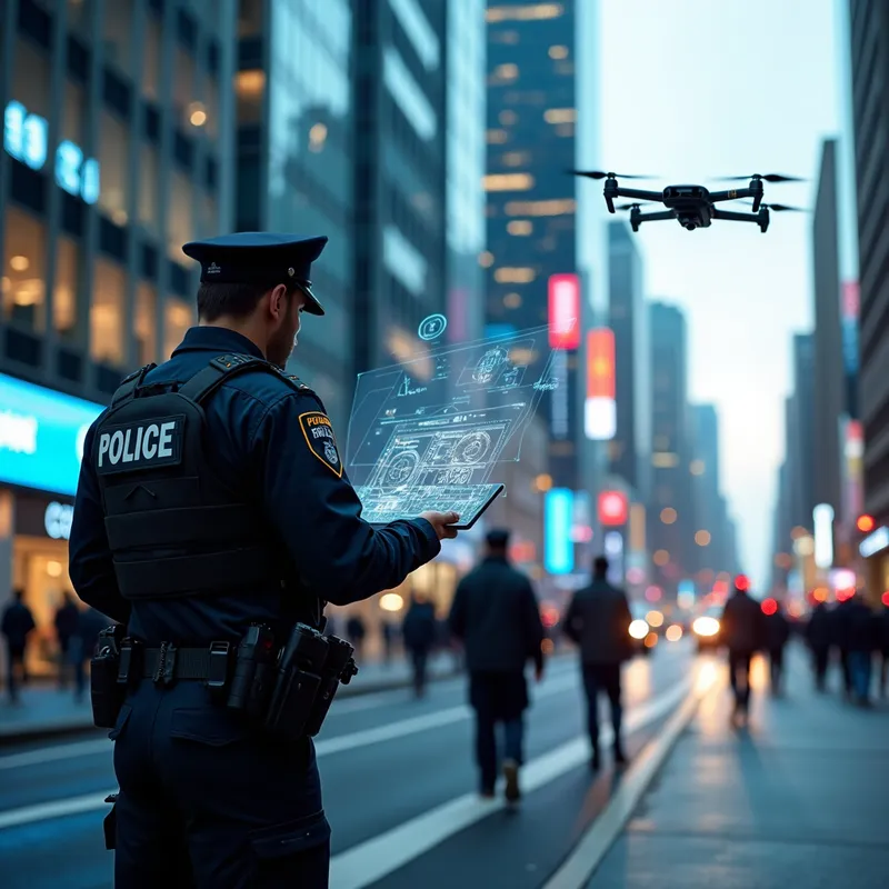 Futuristic Police Tech in Smart City - Futuristic police technology, advanced surveillance systems, smart city integration, drones, AI-powered crime analysis, high-tech police equipment in action, digital interfaces, and holographic displays in a modern urban setting. - AI image generated with Photorealistic 2