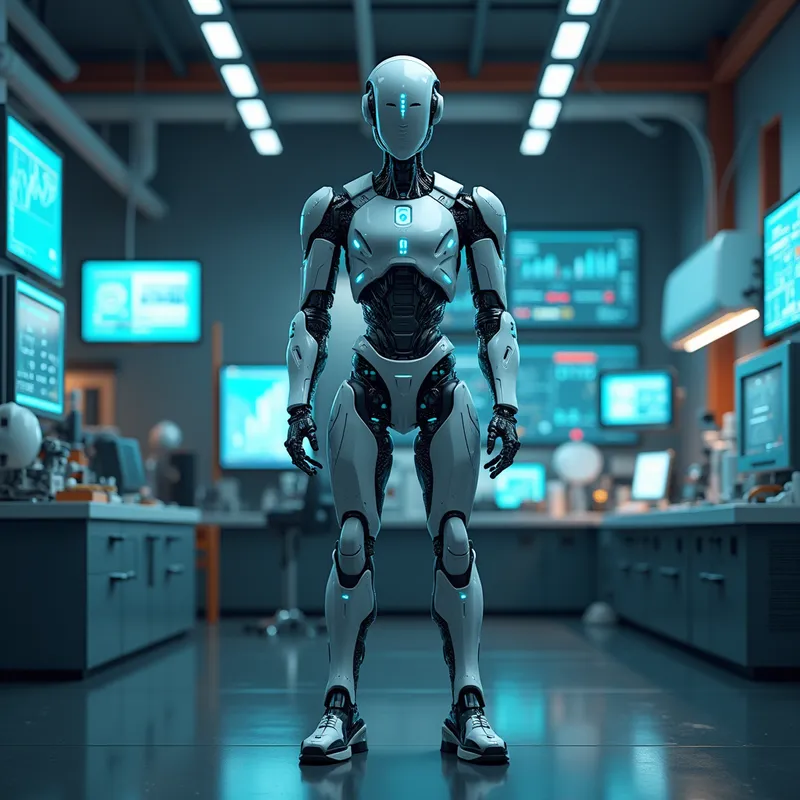 Futuristic Robot Design - A sleek and advanced robot standing in a high-tech laboratory. The robot has a metallic body with glowing blue accents and intricate mechanical details. The background features various screens displaying data and high-end machinery, illustrating a futuristic and cutting-edge environment. - AI image generated with Photorealistic 2