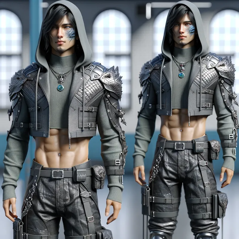 Futuristic Spell Knight - In this 2020's 3D image, a slender, toned young adult adventurer is shown wearing a short-sleeved metallic open hooded jacket with protective plates and a school crest, layered over a long-sleeved combat shirt in contrasting flat colors. He wears combat shorts over exotic material pants, with high tech boots merging with kneepads and bracers. The adventurer has long black hair, blue eyes, glowing runes on his outfit, subtle draconic features like skin scaling and head spikes. He is accessorized with a futuristic ear-cuff, jeweled amulet, cyberpunk military belt, and high tech goggles in his school setting. - AI image generated with Art