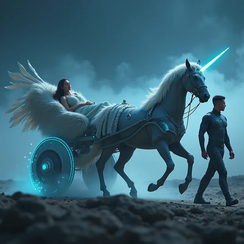 Futuristic Travois with Heno - Imagine a sleek, futuristic travois crafted from glowing materials and smooth alloys, being pulled by a majestic Heno—a hybrid horse blending the wild spirit of a mustang, the ethereal wings of a Pegasus, and the luminous horn of a unicorn. Upon the travois lies an unconscious woman wrapped in animal skins, her shimmering night gown catching the starlight. Beside the Heno, a man wearing a fitted leotard combined with advanced body armor strides purposefully, leading the magical steed through an otherworldly landscape. - AI image generated with Flux