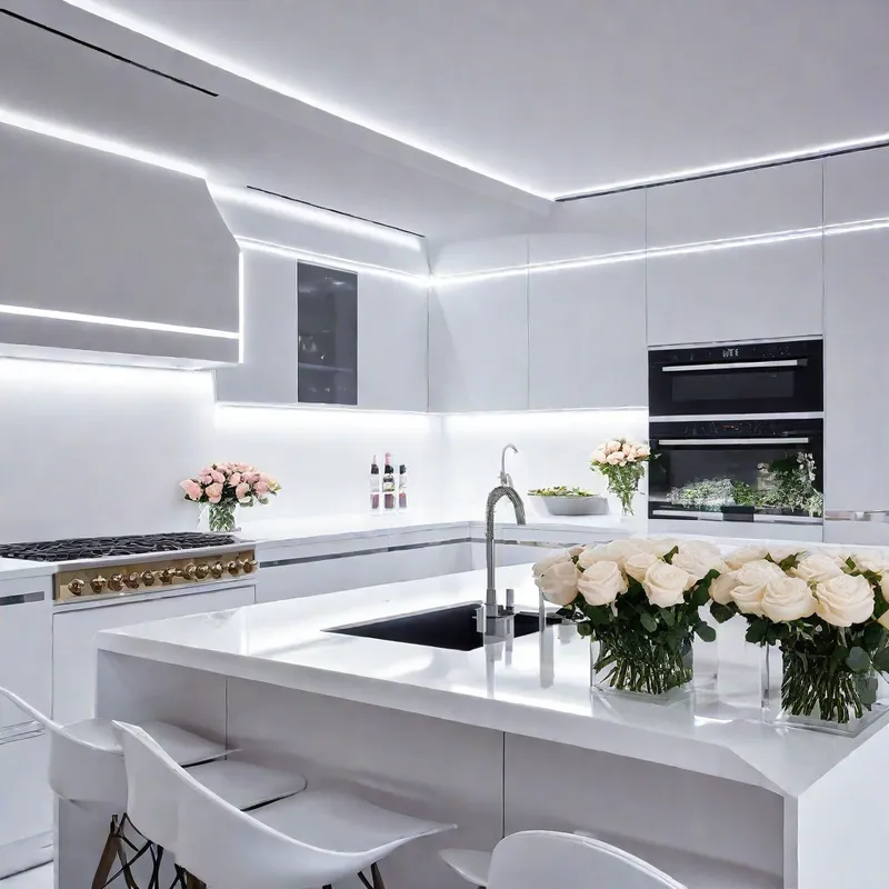 Futuristic White Kitchen with Lights - futuristic white kitchen with lights and light roses - AI image generated with Photorealistic