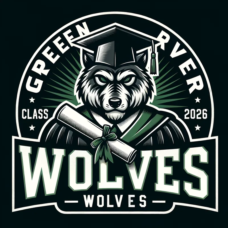 GR Wolves Graduate Emblem 2026 - Construct a 2026 graduation emblem for the Green River Wolves that includes a wolf mascot in dark green and white attire, complete with a graduation cap and gown. The wolf should grasp a diploma scroll tied with a ribbon. Prominently feature 'CLASS OF 2026' in bold block letters around or beneath the mascot. Keep the design clean, powerful, and suitable for various merchandise. - AI image generated with Art