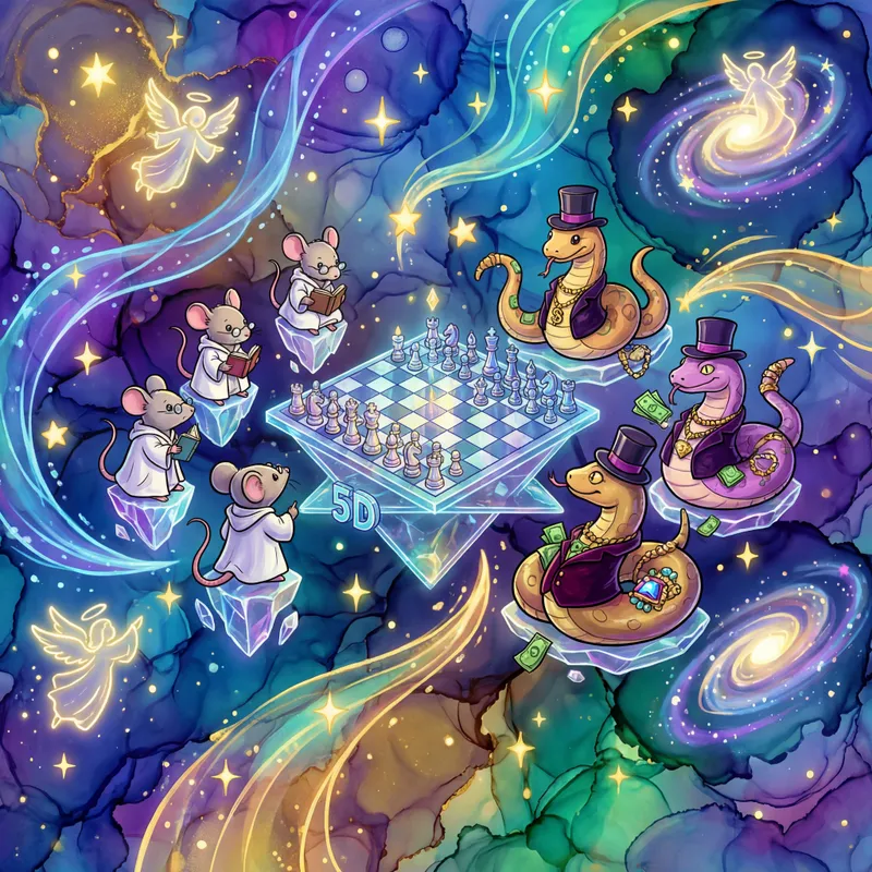 Galactic Mindgames: Mice vs. Snakes - A magical, ethereal expanse filled with glowing stars, flowing energy waves, otherworldly angels, and galaxies. At the center, a glass 5D chessboard floats, watched over by clever, bookish mice in white chess outfits with crystals, and extravagant snakes in expensive black attire with cash and jewelry. All elements are rendered in a playful, cartoonish style. - AI image generated with 4K Pro - vivid colors, cartoony, alcohol ink