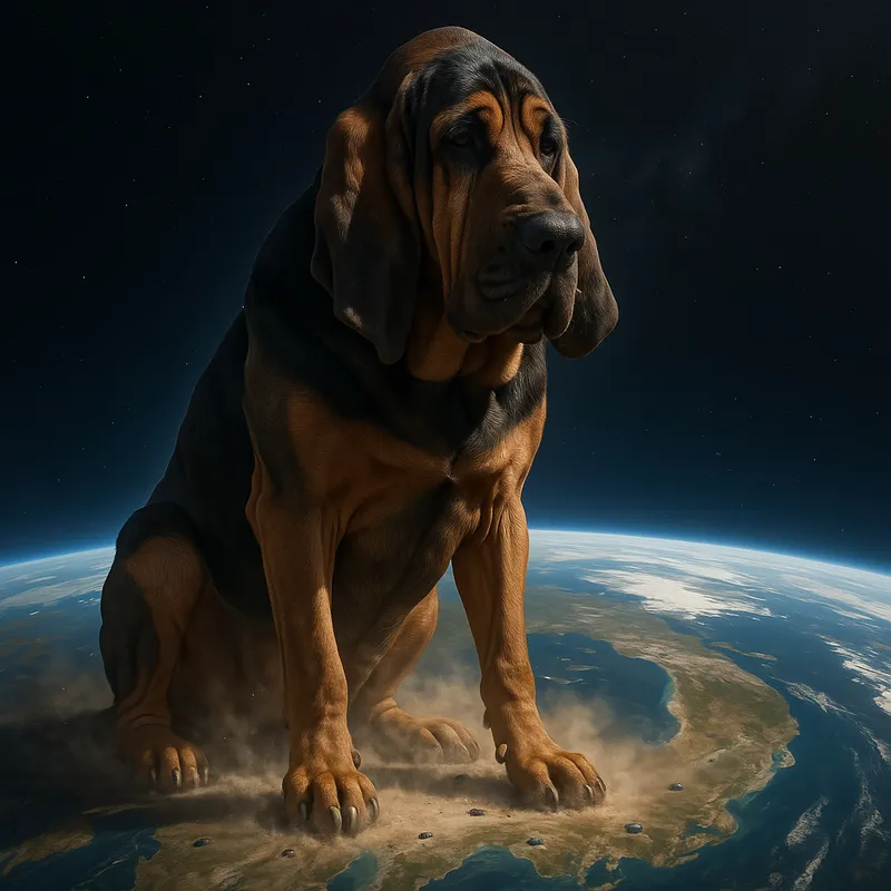 Galactic Overwatch Bloodhound - A massive black and brown bloodhound imposingly sits on the Earth, towering at a height of 100 million feet. Upon standing, puffs of dust scatter, and the ground bears the weight of her colossal presence, surrounded by what appears as tiny cars. From a space view, the bloodhound's sheer size eclipses the planet below. - AI image generated with GPT Image - photorealistic
