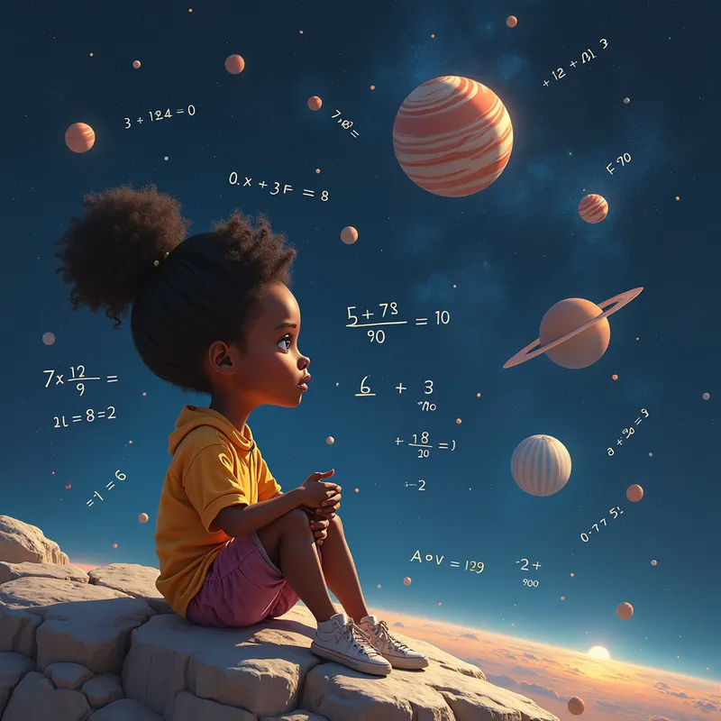 Galactic Pondering - A young black girl sits thoughtfully on a rocky, moon-like planet. Bright math equations hover in front of her, intertwined with the celestial bodies and cosmic dust that fill the vast space around her. - AI image generated with Photorealistic 2