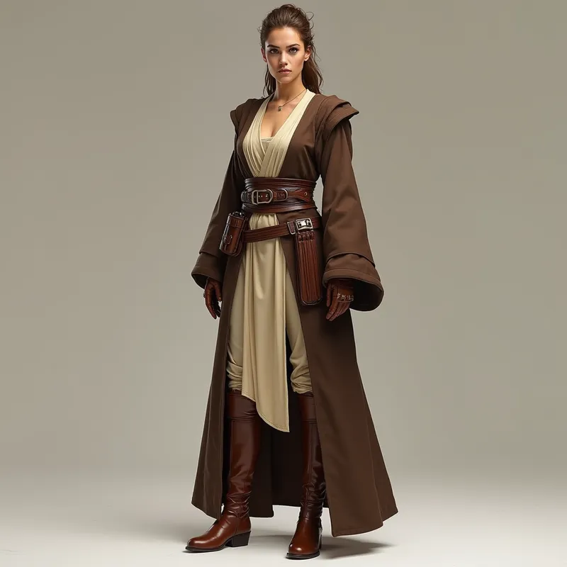 Galactic Sentinel Femme Jedi - An elegant female Jedi garbed in a sculpted toga, wide and stiff shining brown leather gloves, and rigid, polished brown leather riding boots. She stands facing the viewer, her posture confident and her eyes filled with passion, embodying a powerful Star Wars heroine aesthetic. - AI image generated with Photorealistic 2