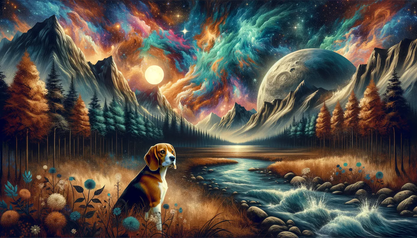 Galactic Snoopy - A cosmic-themed painting where Snoopy watches from a forest edge, with majestic mountains, a glowing moon, a shimmering river, and the starry expanse of outer space in the background. - AI image generated with Art - abstract, nostalgic vintage scene, water splashes