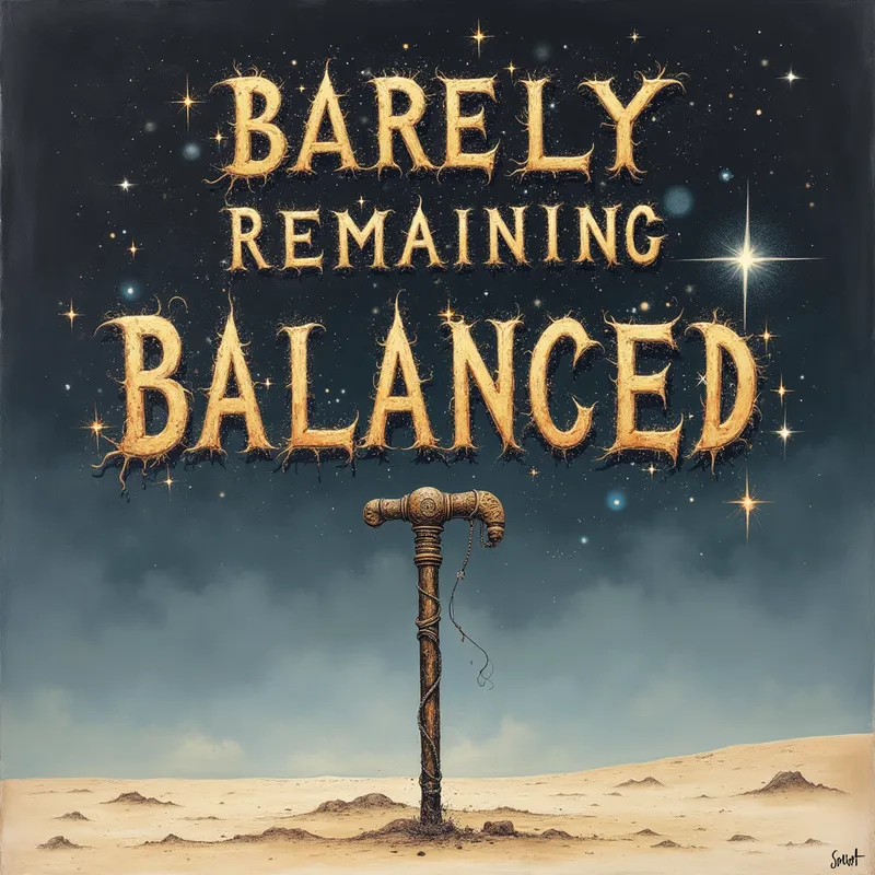 Galactic Support for Failing Balance - The words 'Barely Remaining Balanced' appear in a brittle typeface, looking weak and slanted, barely holding together in a horizontal line. An intricate universe-themed cane, adorned with shimmering stars and nebulas, props up the letters as they almost buckle under their own frailty. - AI image generated with Photorealistic 2 - minimalist line art, Salvador Dali