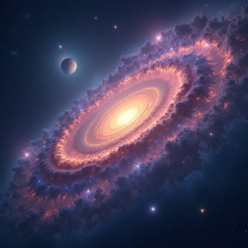Galactic Symphony - A vibrant, swirling galaxy set against the backdrop of the infinite cosmos with stars, nebulae, and distant planets visible. - AI image generated with Photorealistic 2