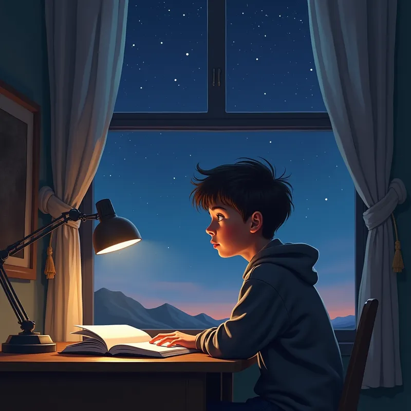 Galactic Thoughts - A young teenager sitting at a wooden desk by the window, engrossed in a book about extraterrestrial life, with a dreamy expression as if imagining the vastness of space. Outside the window, stars twinkle in the night sky. - AI image generated with Photorealistic 2