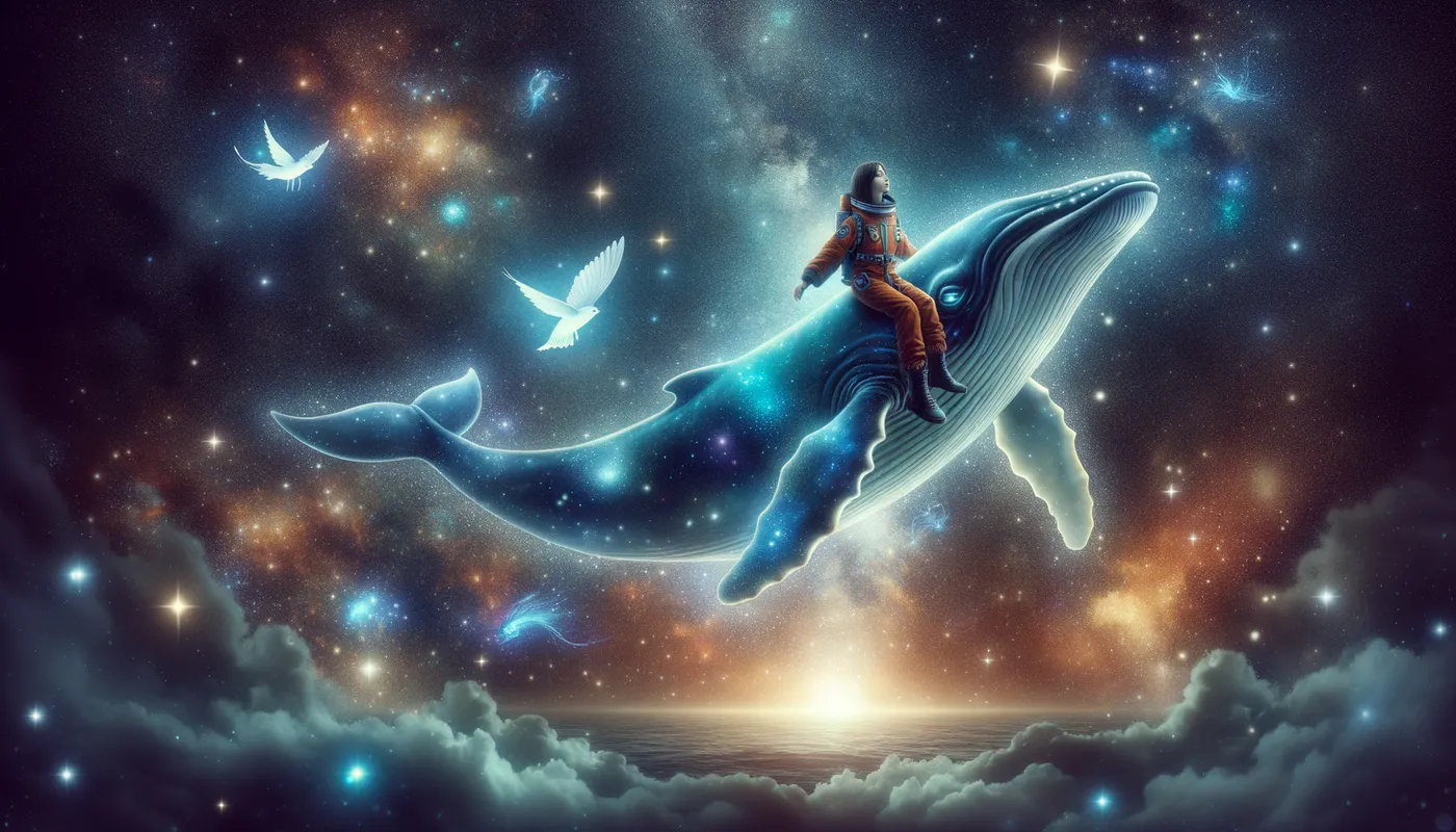 Galactic Whale & Girl - A space whale and a girl floating in the night sky - AI image generated with Art