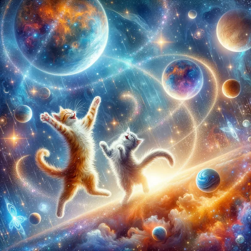 Galactic Whiskers - A mystical scene featuring cats playing among the stars and planets in a vibrant galaxy, with cosmic dust swirling around them. - AI image generated with Art