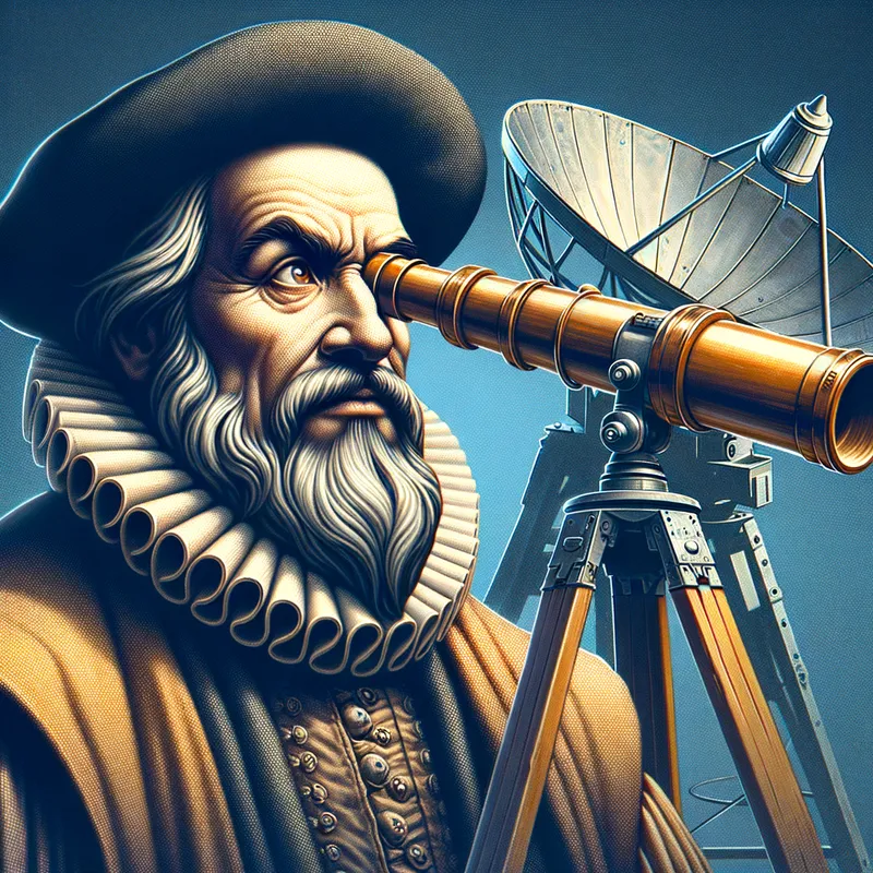 Galileo Telescope Meme - Galileo peering through a telescope with a humorous caption, possibly involving modern-day technology or social media references. - AI image generated with Art