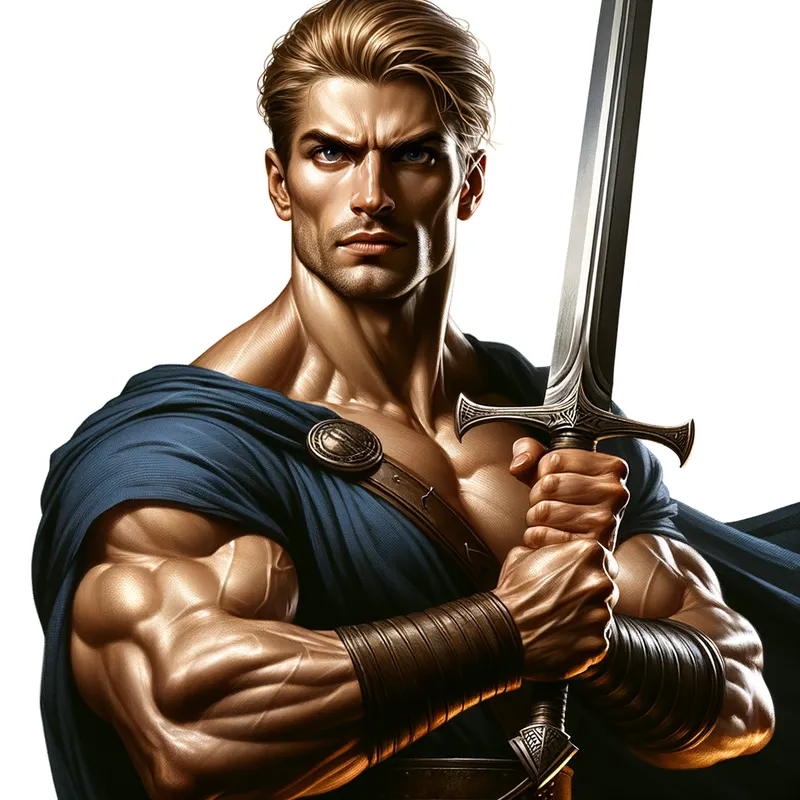 Gallant Protector - A fierce male warrior with blond hair and tanned skin, standing heroically while holding a long sword. His muscular frame and determined expression suggest unwavering bravery. - AI image generated with Art
