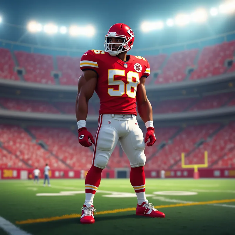 Game Day Sideline Focus - Animated 2.5 x 3.5 inch rectangular scene inspired by Derrick Thomas #58 for the Kansas City Chiefs, red jersey, white pants, standing on the sideline with focused determination before the play, helmet on, stadium lights glowing, no football in hand, no flowers on the field, animated trading card visual style - AI image generated with Text