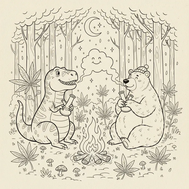Ganja Gathering - A whimsical depiction of a T-Rex and a grizzly bear sitting around a campfire in the woods, both enjoying bongs, with marijuana plants growing nearby and a fun, friendly tone. - AI image generated with Nano Banana - contour drawings