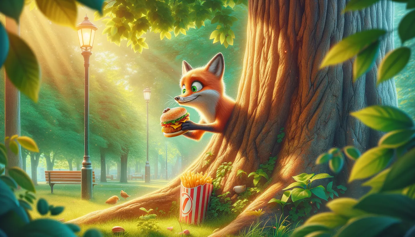 Garden Delicacy - A curious fox perched against the trunk of a tree, indulging in a tasty chicken burger, surrounded by dappled sunlight in a peaceful park. - AI image generated with Art - vivid colors, cartoony, master shot