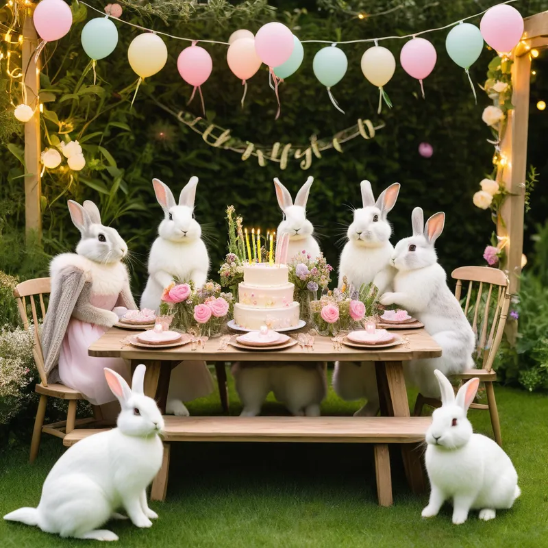 Garden Party - An outdoor sweet 16th birthday party with rabbits enjoying a garden full of flowers, fairy lights, and a large birthday cake on a decorated table. - AI image generated with Photorealistic