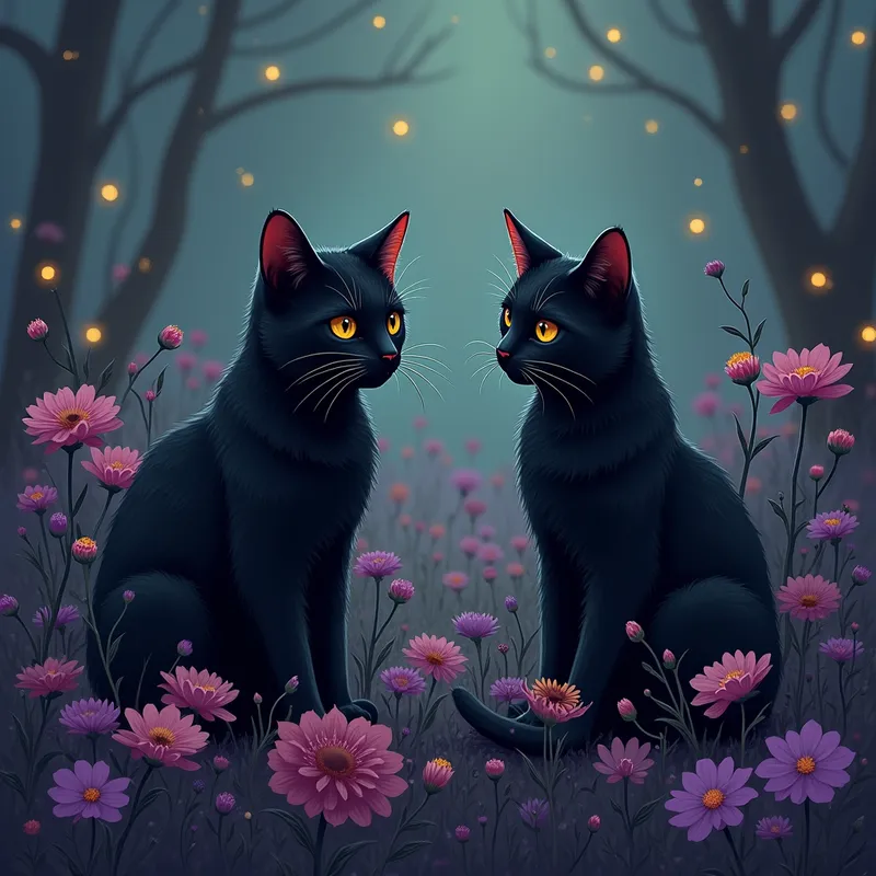 Garden Shadows - Two black cats sitting quietly among blooming flowers in a twilight garden, surrounded by soft mist, fireflies, and rich purple and green tones. - AI image generated with Photorealistic 2