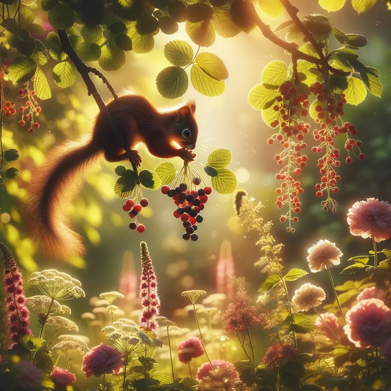 Garden Snack Time - Envision a serene image of a dainty squirrel sitting in a blooming garden, gracefully eating berries from a low hanging branch, with sunlight filtering through the foliage. - AI image generated with Art