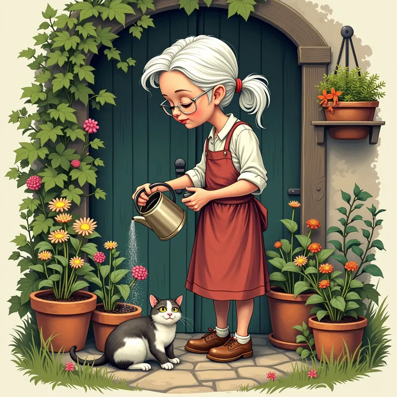 Gardening Grandma'  Art - elderly white lady in her garden watering her plants rustic shed cat clipart digital art - AI image generated with Photorealistic 2 - alcohol ink