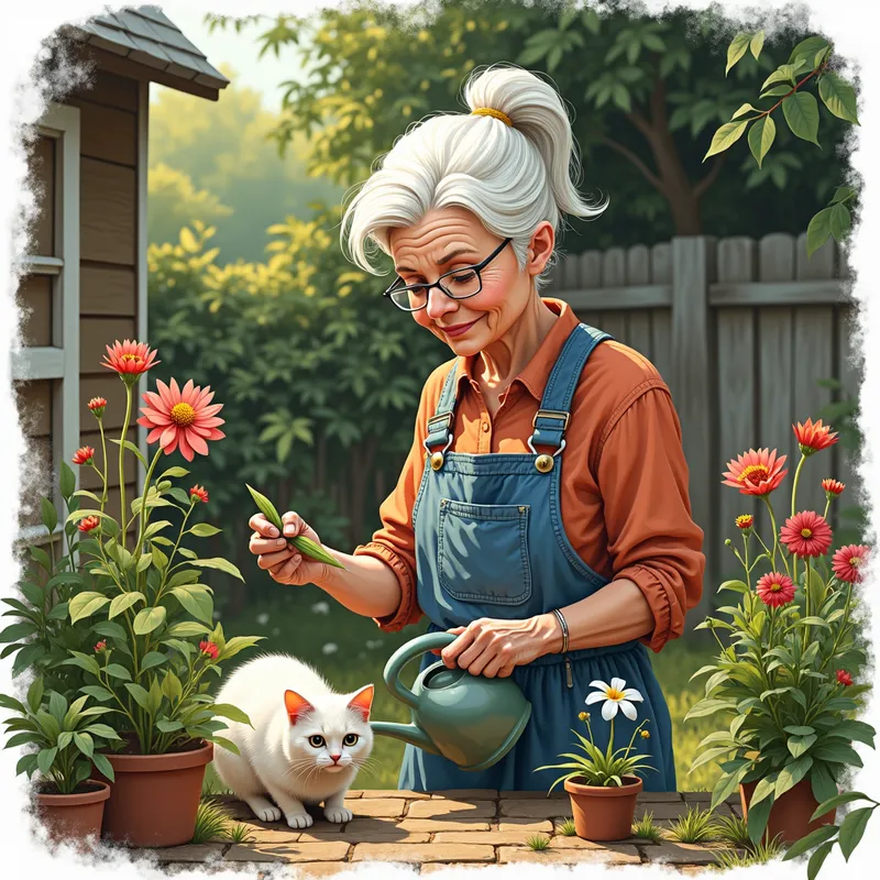 Gardening Grandma' Art - elderly white lady in her garden watering her plants rustic shed cat clipart digital art - AI image generated with Photorealistic 2 - alcohol ink