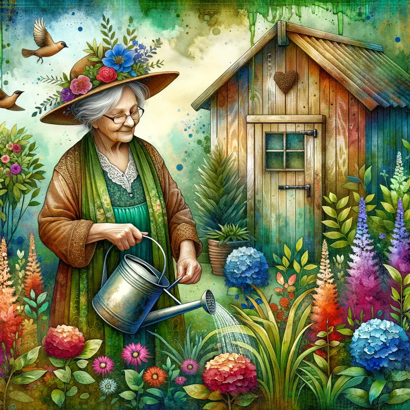Gardening Granny' Art - elderly cute white lady in her garden watering her plants rustic shed birds clipart digital art - AI image generated with Art - alcohol ink