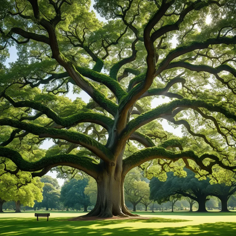 Gargantuan Oak - An enormous oak tree with sprawling branches and a thick, knotted trunk, providing shade and shelter in a serene park. - AI image generated with Photorealistic