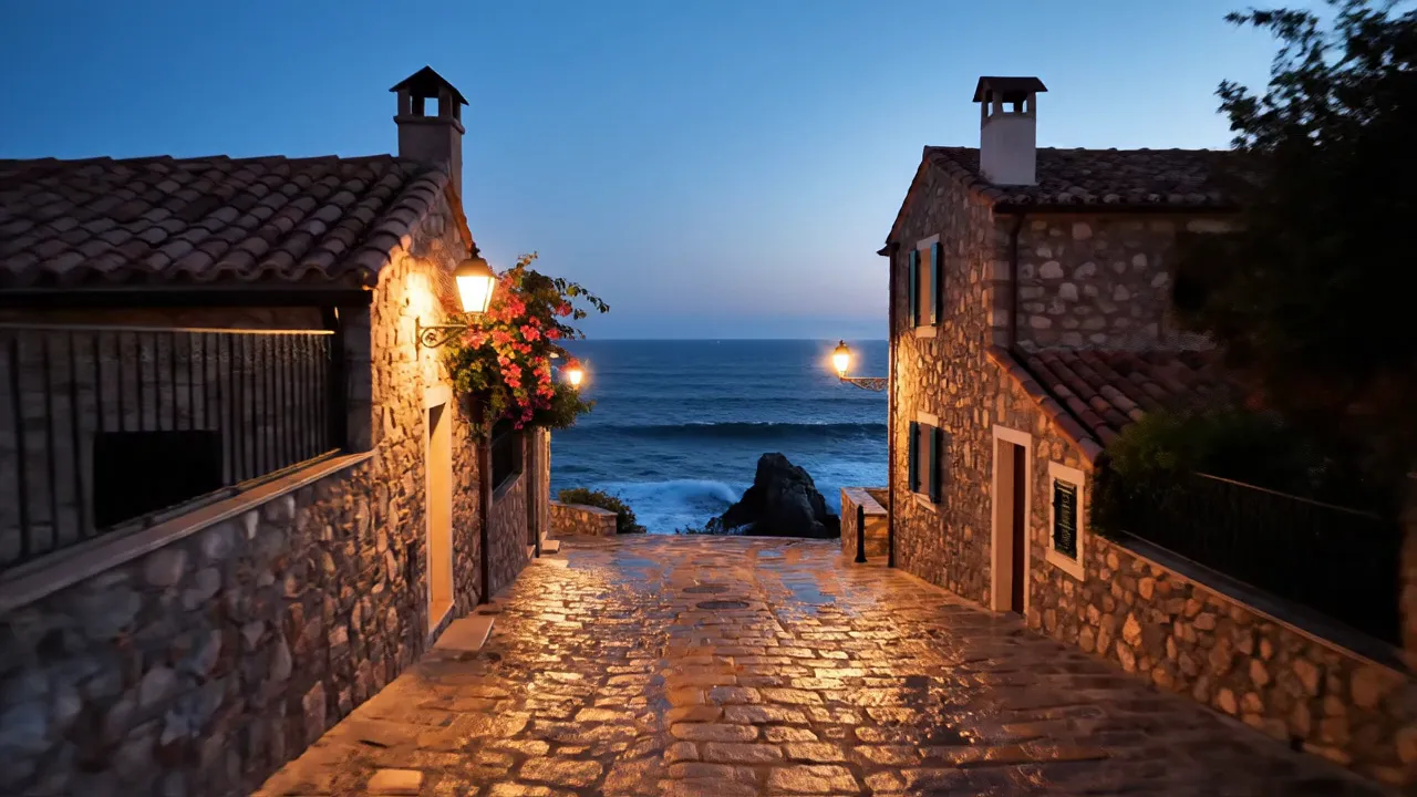 Gaslit Cobblestone Lane to the Sea - looking down a cobblestone street stone villas on each side with gas lamps shing looking down at the ocean waves crashing into a rocky shore
- AI video generated with Veo 3.1 Fast