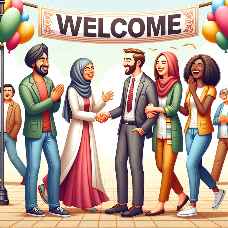 Gathering of Smiles - Depict a cheerful outdoor setting where a group of individuals are being greeted with friendly handshakes, engaging conversations, and laughter, surrounded by balloons and welcome signs. - AI image generated with Art