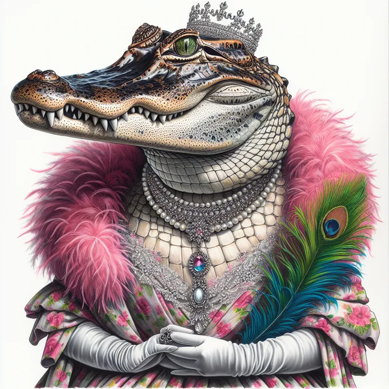 Gator Glamour Extravaganza - Illustrate an extravagant alligator with queen-like elegance, adorned in a thrifted evening gown, vibrant feather boa, pearl necklace, and bold makeup, with no background. - AI image generated with DALL-E 3