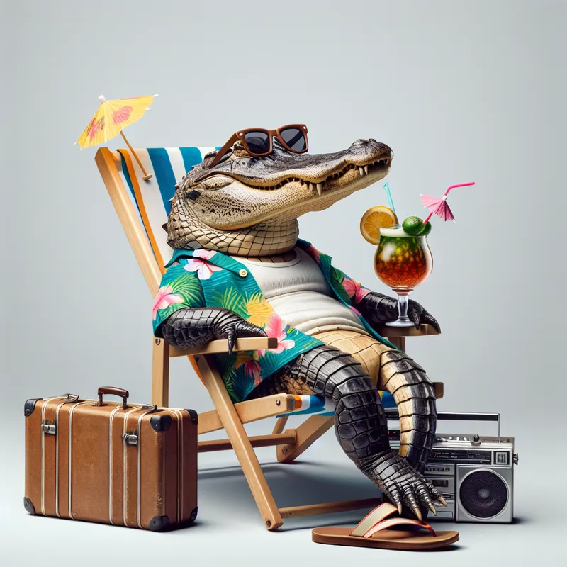 Gator Vacation Vibes - An alligator lounging on a vacation, sitting in a beach chair without a background. The gator is wearing a colorful Hawaiian shirt, flip flops, and oversized glasses while holding a thrifted cocktail glass adorned with a paper umbrella. Beside the chair, there's vintage luggage and a boombox. - AI image generated with DALL-E 3
