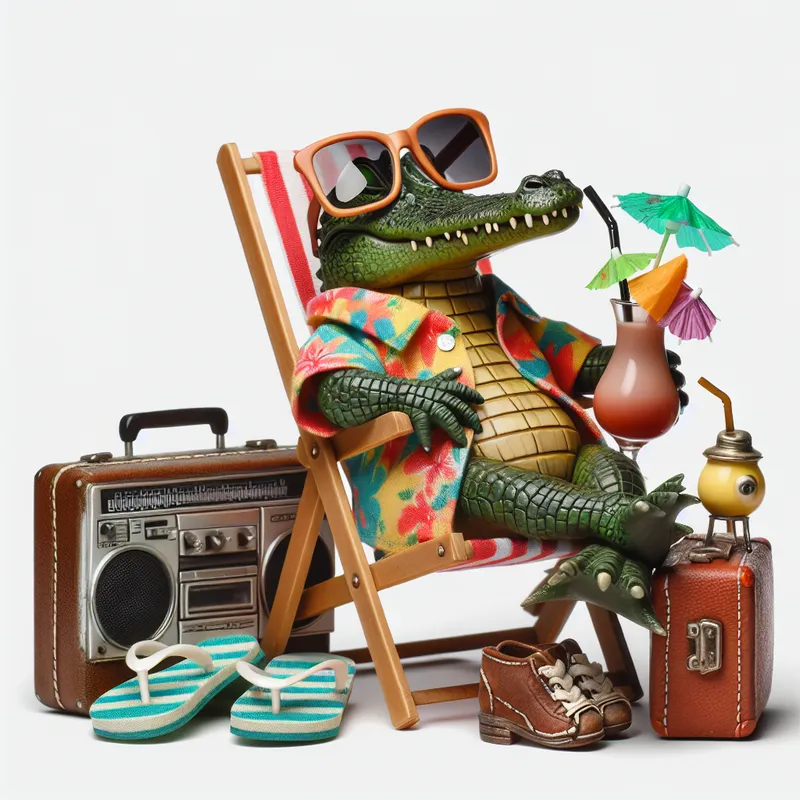 Gator's Beach Break - A gator enjoying its vacation in a beach chair with no background, dressed in a Hawaiian shirt, flip flops, and large glasses. It is sipping from a thrifted cocktail glass with a paper umbrella, with vintage luggage and a boombox by its side. - AI image generated with DALL-E 3