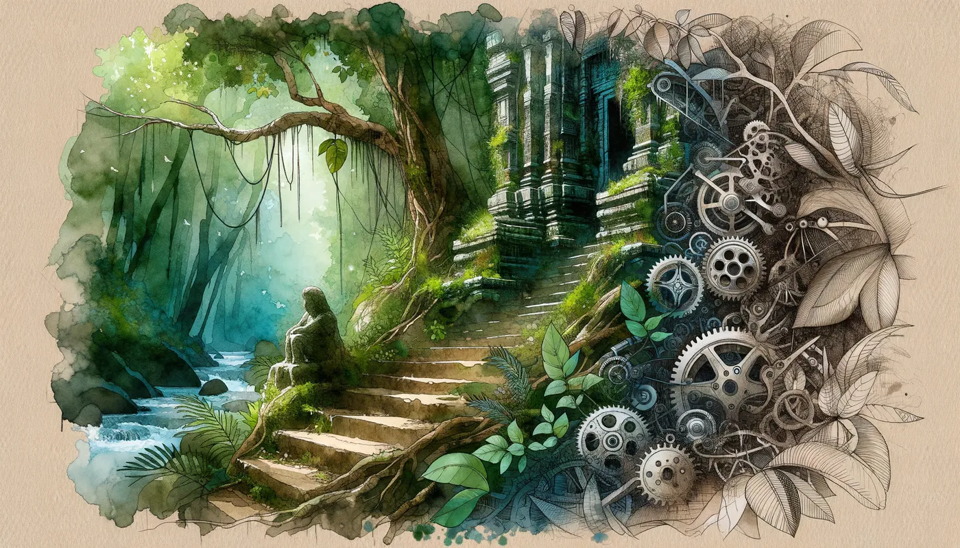 Gear-Infused Jungle Temple - A vibrant jungle setting with a close-up of an ancient temple's steps, partially covered by leaves and moss. The background features Steampunk machinery, including gears and metal parts intricately woven into the jungle landscape. - AI image generated with Art - aquarelle, sketching, surrealismus