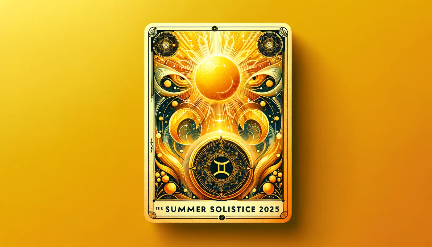 Gemini Solstice 2025 - A beautifully crafted poster for the Summer Solstice 2025 featuring a bright and mystical design. The color scheme of lemon yellow, orange, and gold is used to depict the sun, tarot cards, and the Gemini zodiac symbol. The poster captures the essence of renewal and the long, luminous days of summer. - AI image generated with Art - surrealismus, lens flare