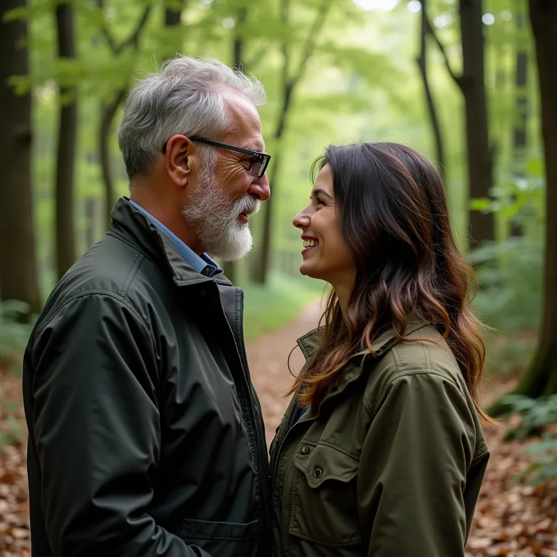 Generations in the Woods - A fit man in his 60s with a full head of hair, neat beard, moustache, and glasses is standing beside a young woman in a dense woodland area. The surroundings are lush and green with towering trees and a carpet of fallen leaves. They appear to share a strong bond, visible through their expressions and body language. - AI image generated with Photorealistic 2 - profile view