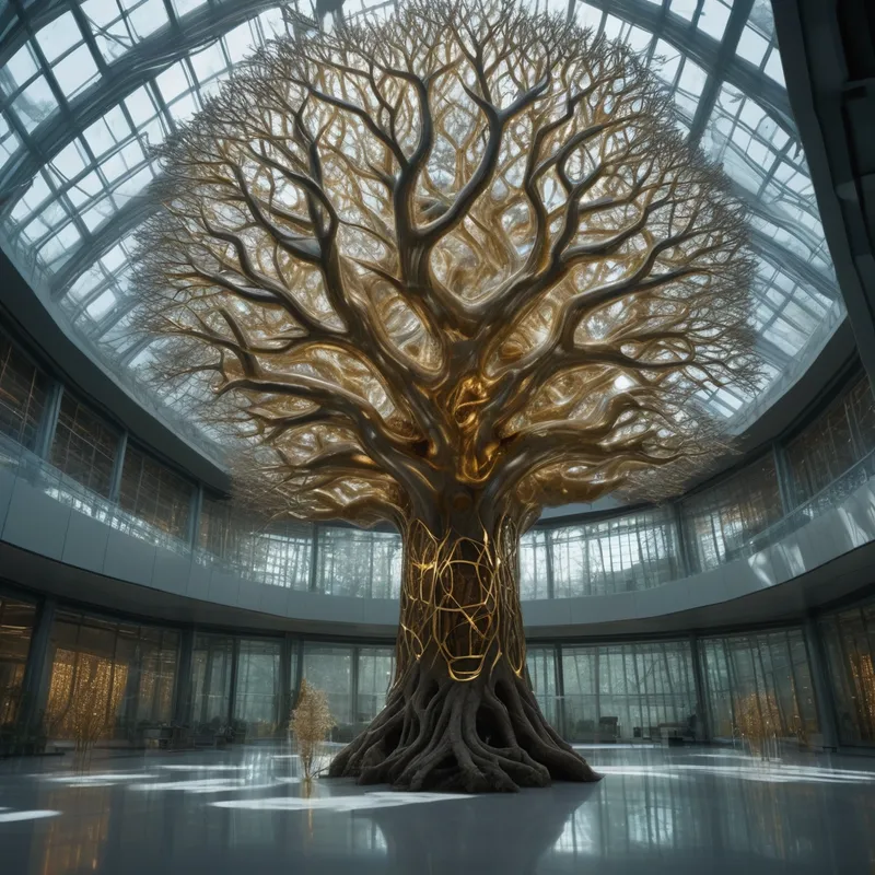 Genesis Nexus Laboratory - A cinematic, ultra-high-definition shot reveals a colossal 'God-Tree,' ancient and wise, piercing through the center of a pristine, high-tech glass research facility. The bark shimmers with golden, circuit-like etchings, forming sacred geometric patterns. Suspended from sweeping branches, translucent orbs encase luminous gems, pulsing with creation energy and streams of raw data. At the tree's base, hyper-detailed Lion's Mane mushrooms flutter white crystalline tendrils, interspersed with golden Psilocybe mushroom clusters bruised with electric-blue. Soft, glowing mist circulates throughout the scene, with a single, godly ray of light spotlighting the tree. The laboratory is lined with holographic technical grids, ventilation arrays, and bioluminescent $CO_2$ monitors, rendered in Unreal Engine 5 with sharp clarity and a fusion of deep blues, radiant golds, and clinical whites. - AI image generated with Photorealistic