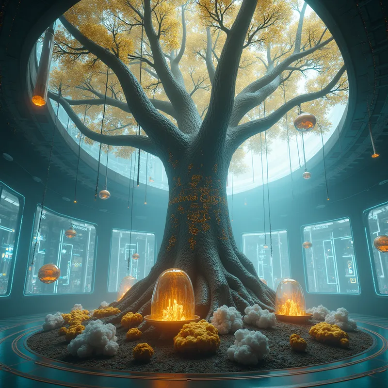 Genesis Nexus Laboratory - A cinematic, ultra-high-definition shot reveals a colossal 'God-Tree,' ancient and wise, piercing through the center of a pristine, high-tech glass research facility. The bark shimmers with golden, circuit-like etchings, forming sacred geometric patterns. Suspended from sweeping branches, translucent orbs encase luminous gems, pulsing with creation energy and streams of raw data. At the tree's base, hyper-detailed Lion's Mane mushrooms flutter white crystalline tendrils, interspersed with golden Psilocybe mushroom clusters bruised with electric-blue. Soft, glowing mist circulates throughout the scene, with a single, godly ray of light spotlighting the tree. The laboratory is lined with holographic technical grids, ventilation arrays, and bioluminescent $CO_2$ monitors, rendered in Unreal Engine 5 with sharp clarity and a fusion of deep blues, radiant golds, and clinical whites. - AI image generated with Photorealistic 2