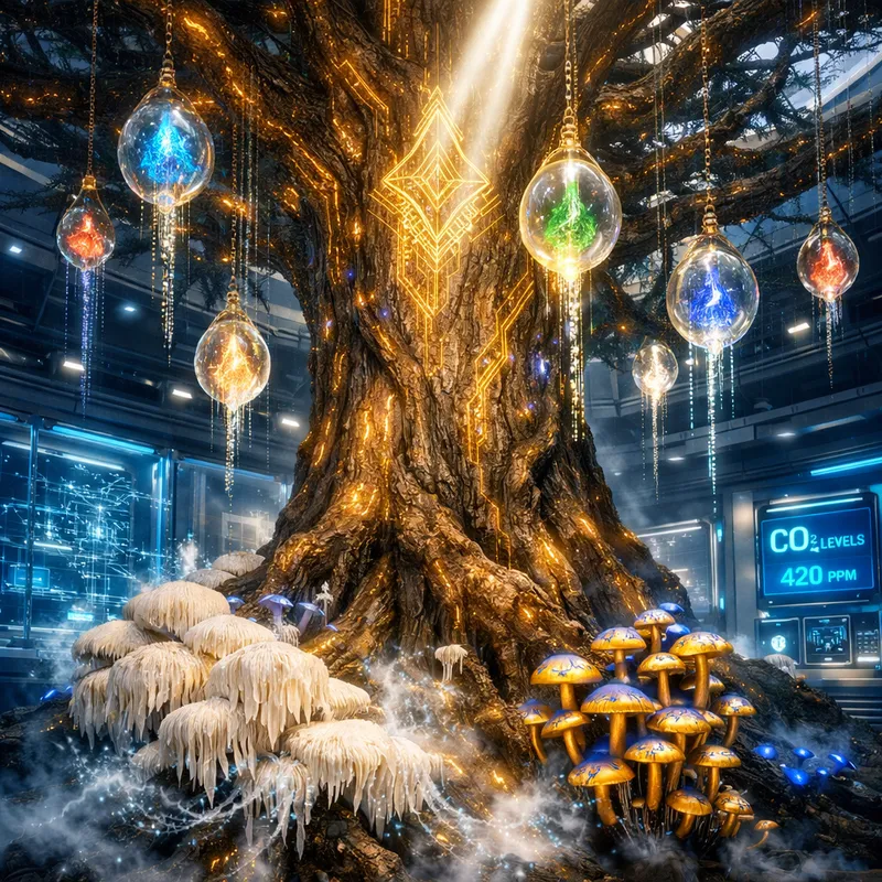 Genesis Nexus Laboratory - A cinematic, ultra-high-definition shot reveals a colossal 'God-Tree,' ancient and wise, piercing through the center of a pristine, high-tech glass research facility. The bark shimmers with golden, circuit-like etchings, forming sacred geometric patterns. Suspended from sweeping branches, translucent orbs encase luminous gems, pulsing with creation energy and streams of raw data. At the tree's base, hyper-detailed Lion's Mane mushrooms flutter white crystalline tendrils, interspersed with golden Psilocybe mushroom clusters bruised with electric-blue. Soft, glowing mist circulates throughout the scene, with a single, godly ray of light spotlighting the tree. The laboratory is lined with holographic technical grids, ventilation arrays, and bioluminescent $CO_2$ monitors, rendered in Unreal Engine 5 with sharp clarity and a fusion of deep blues, radiant golds, and clinical whites. - AI image generated with GPT Image