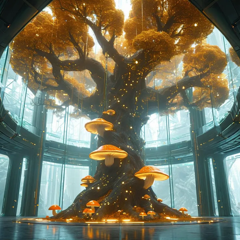 Genesis Nexus Laboratory - A cinematic, ultra-high-definition shot reveals a colossal 'God-Tree,' ancient and wise, piercing through the center of a pristine, high-tech glass research facility. The bark shimmers with golden, circuit-like etchings, forming sacred geometric patterns. Suspended from sweeping branches, translucent orbs encase luminous gems, pulsing with creation energy and streams of raw data. At the tree's base, hyper-detailed Lion's Mane mushrooms flutter white crystalline tendrils, interspersed with golden Psilocybe mushroom clusters bruised with electric-blue. Soft, glowing mist circulates throughout the scene, with a single, godly ray of light spotlighting the tree. The laboratory is lined with holographic technical grids, ventilation arrays, and bioluminescent $CO_2$ monitors, rendered in Unreal Engine 5 with sharp clarity and a fusion of deep blues, radiant golds, and clinical whites. - AI image generated with Nova Canvas