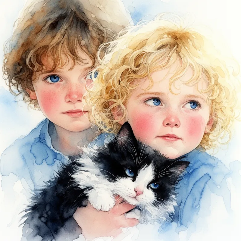 Gentle Family Watercolor - A detailed watercolor painting featuring two young siblings with curly blonde hair, luminous blue eyes, and flushed cheeks, holding a fluffy black and white cat between them. One child, with slightly darker hair, peers directly at the viewer from behind, while the lighter-haired child is more prominent and looks off into the distance. The background is minimal and airy, made of soft blue and white brushstrokes, giving the piece a serene, timeless, and affectionate mood. - AI image generated with Flux 2 - extreme close-up, alcohol ink