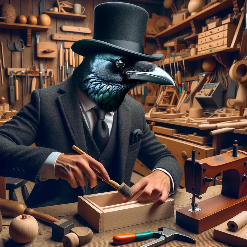 Gentleman Raven Woodworker - A sophisticated raven donning a top hat, skillfully handling woodworking tools in a cozy woodworking shop, surrounded by wooden projects. - AI image generated with Art