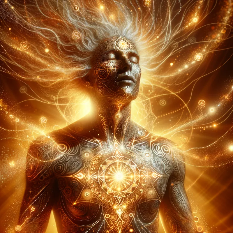 Geometric Divinity - A divine figure emanates a brilliant glow, their skin adorned with intricate geometric patterns and sacred symbols. Golden and crystalline light swirls around them as they embody the essence of spiritual transcendence. - AI image generated with Art
