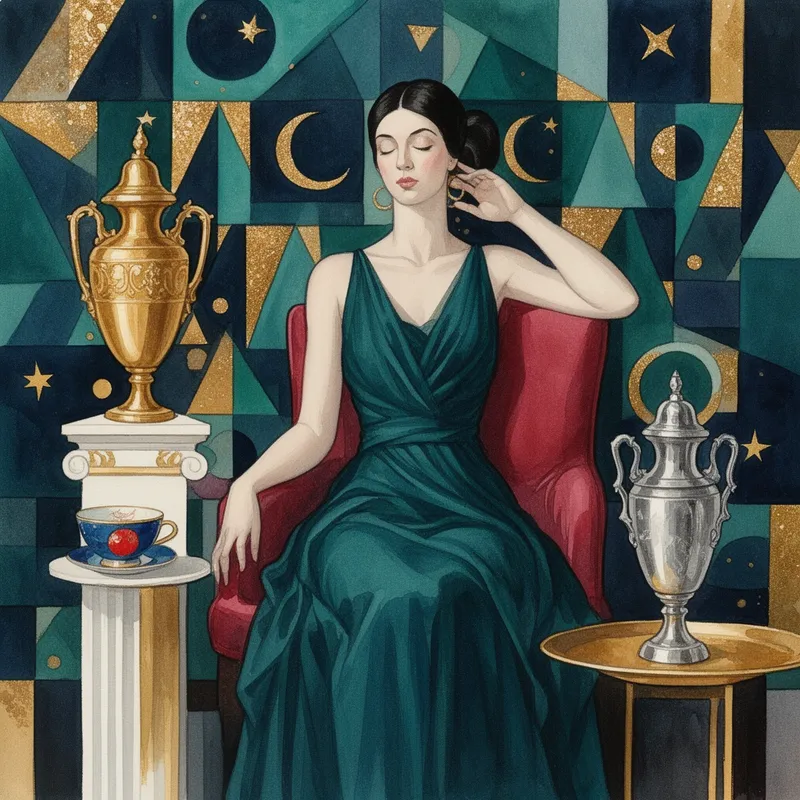 Geometric Dream of Quiet Elegance - An artful painting blending the ornamental richness of Gustav Klimt with the sleek sophistication of Tamara de Lempicka. A thoughtful woman with pale skin and dark hair in a polished updo sits in a red chair wearing a flowing deep teal gown. Her eyes are closed and her right hand rests softly at her temple, expressing calm introspection. Behind her, a striking arrangement of geometric teal, dark blue, and gold forms fills the scene with triangles, circles, and squares, some decorated with stars and crescent moons. A gold urn atop a white and gold pedestal stands to her left near a blue and red teacup and saucer, while a silver urn placed on a golden tray balances the composition on her right. The image feels serene, luxurious, and slightly mystical, with visible brush texture and shimmering metallic details. - AI image generated with Flux 2 - watercolor