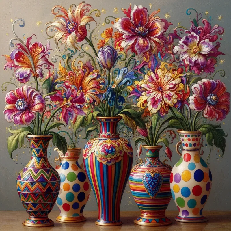 Geometric Garden Reverie - A vibrant still life scene filled with fantastical flowers in ornate patterned vases, each flower rendered with intricate petals, curling shapes, and rich decorative details. The vases display striking geometric motifs, colorful stripes, and oversized polka dots. Whimsical, elegant, and dreamlike composition with saturated colors and a sense of magical wonder. - AI image generated with Flux 2