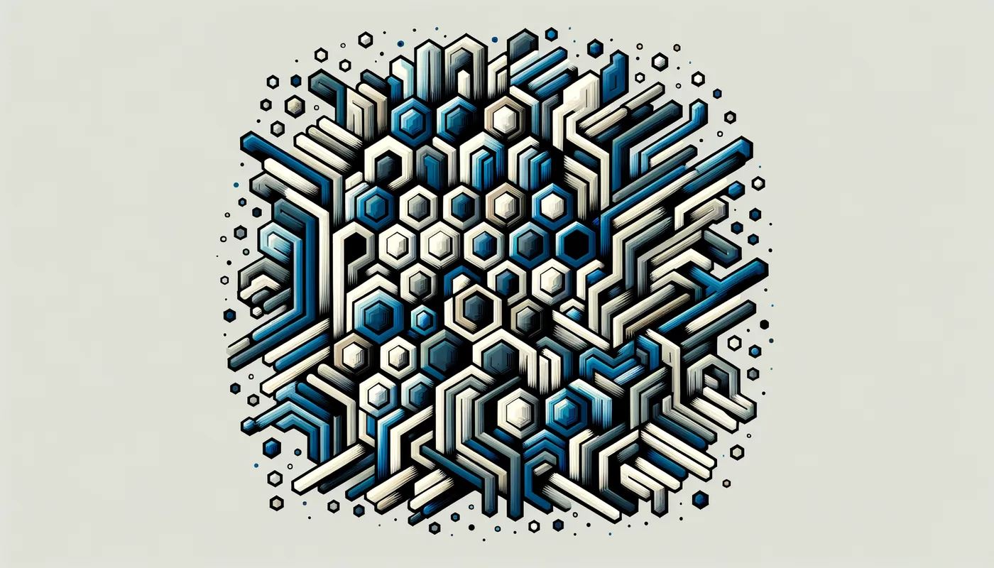 Geometric Hexagon Pattern - A striking and artistic image featuring an irregular hexagon pattern. The hexagons are creatively aligned and vary in size, creating a dynamic and visually appealing geometric design. The design plays with different shades and hues to add depth and interest to the otherwise regular shape. - AI image generated with Art