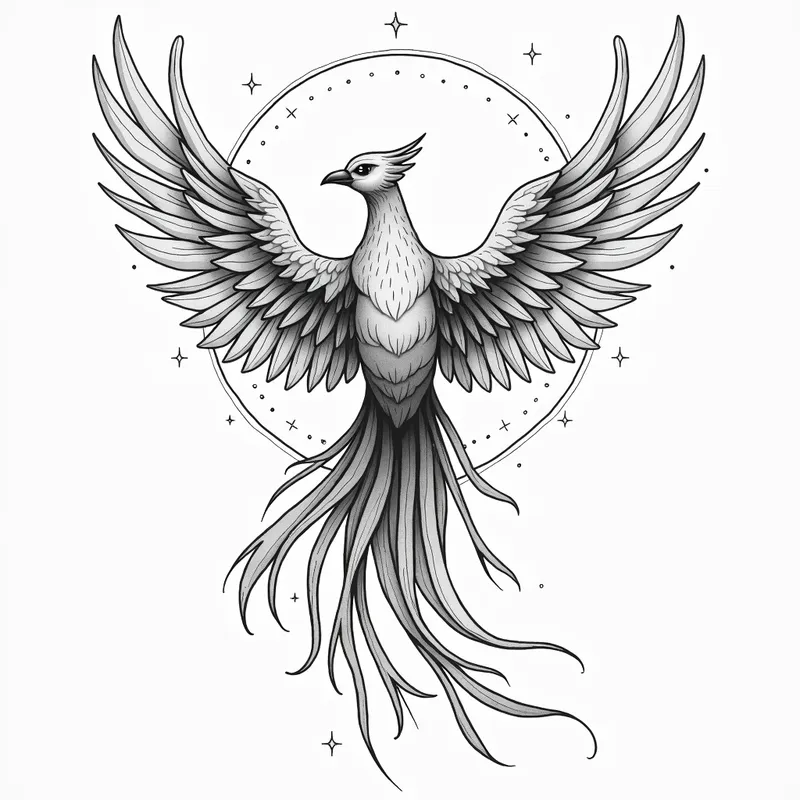 Geometric Sky Phoenix - A beautiful geometric style phoenix soaring through the sky, wings spread wide and tail gracefully curving under, with the backdrop of a twilight sky. - AI image generated with Photorealistic 2 - minimalist line art, tattoo drawing