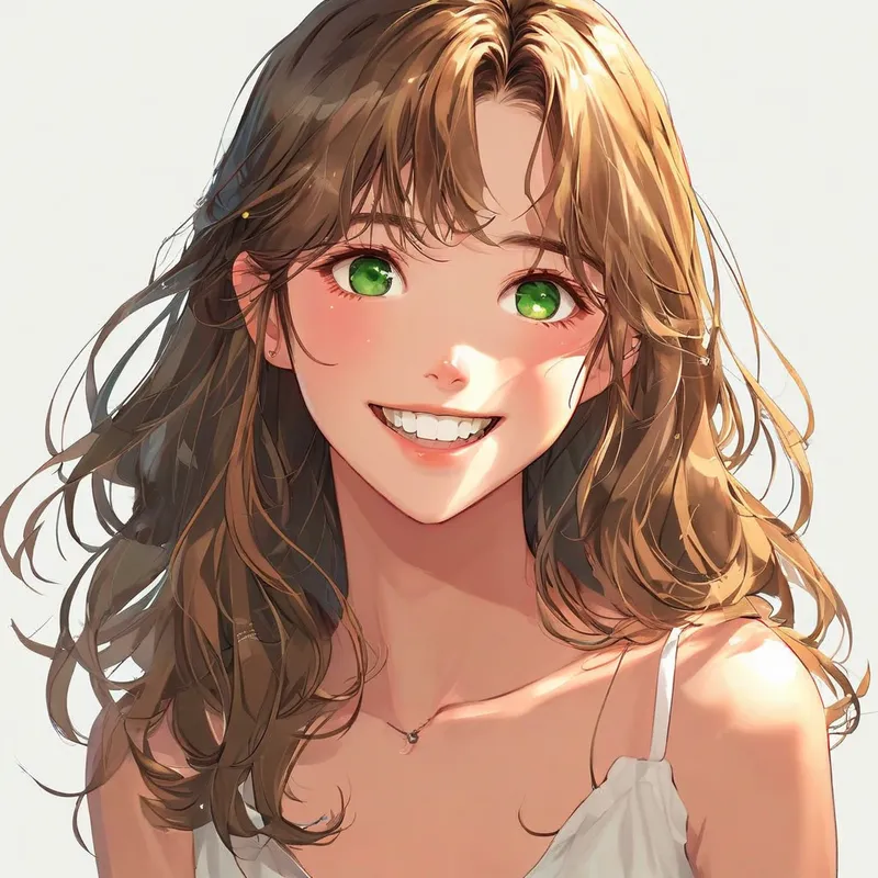 Ghibli-Inspired Youthful Smile - A young woman in her teens or early twenties with light brown hair styled in loose waves, cheerful and friendly expression with a wide, genuine smile. She has light-toned skin with a subtle rosy glow, vibrant green eyes, and soft, delicate features. She appears slender, standing at 5'2" and weighing 100 pounds with a flat chest. The composition focuses on her face and body, capturing her youthful beauty in a Ghibli style. - AI image generated with Nova Canvas