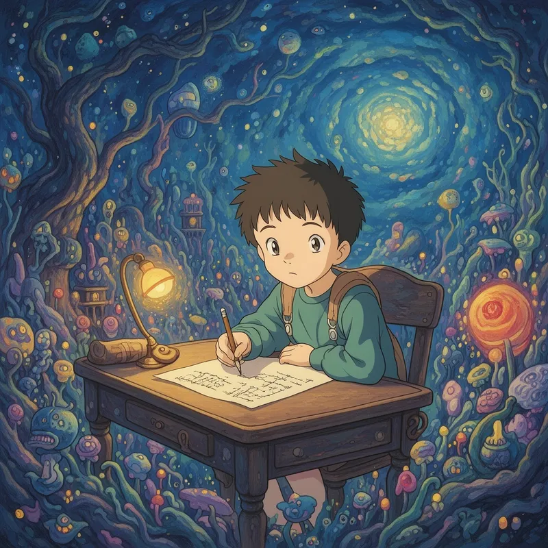 Ghibli-Style Boy Writing at Desk - A boy sitting at a desk and writing on paper - AI image generated with Flux 2 - ghibli, surrealismus